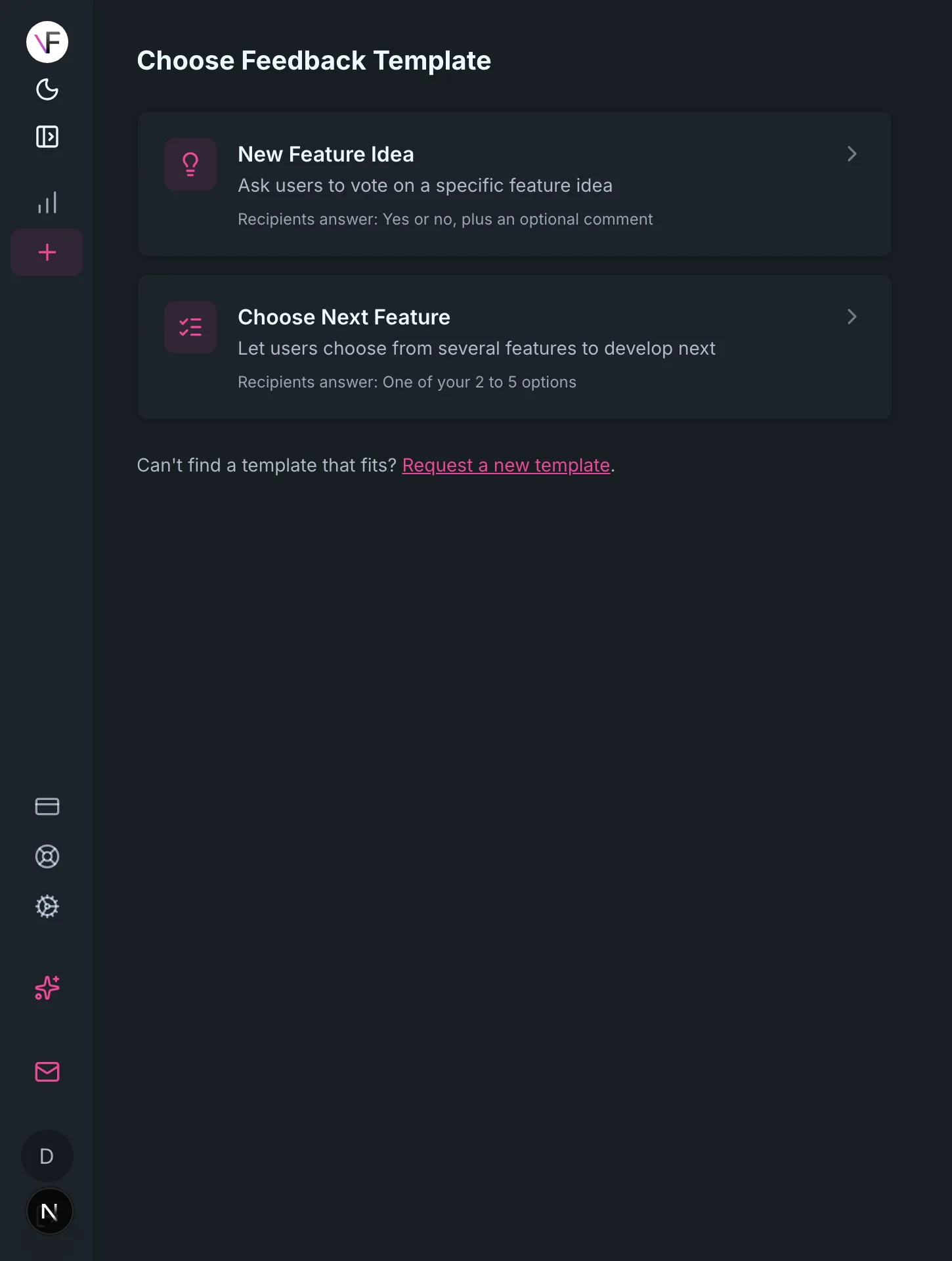 Feature Voice template picker showing "New Feature Idea" and "Choose Next Feature" options