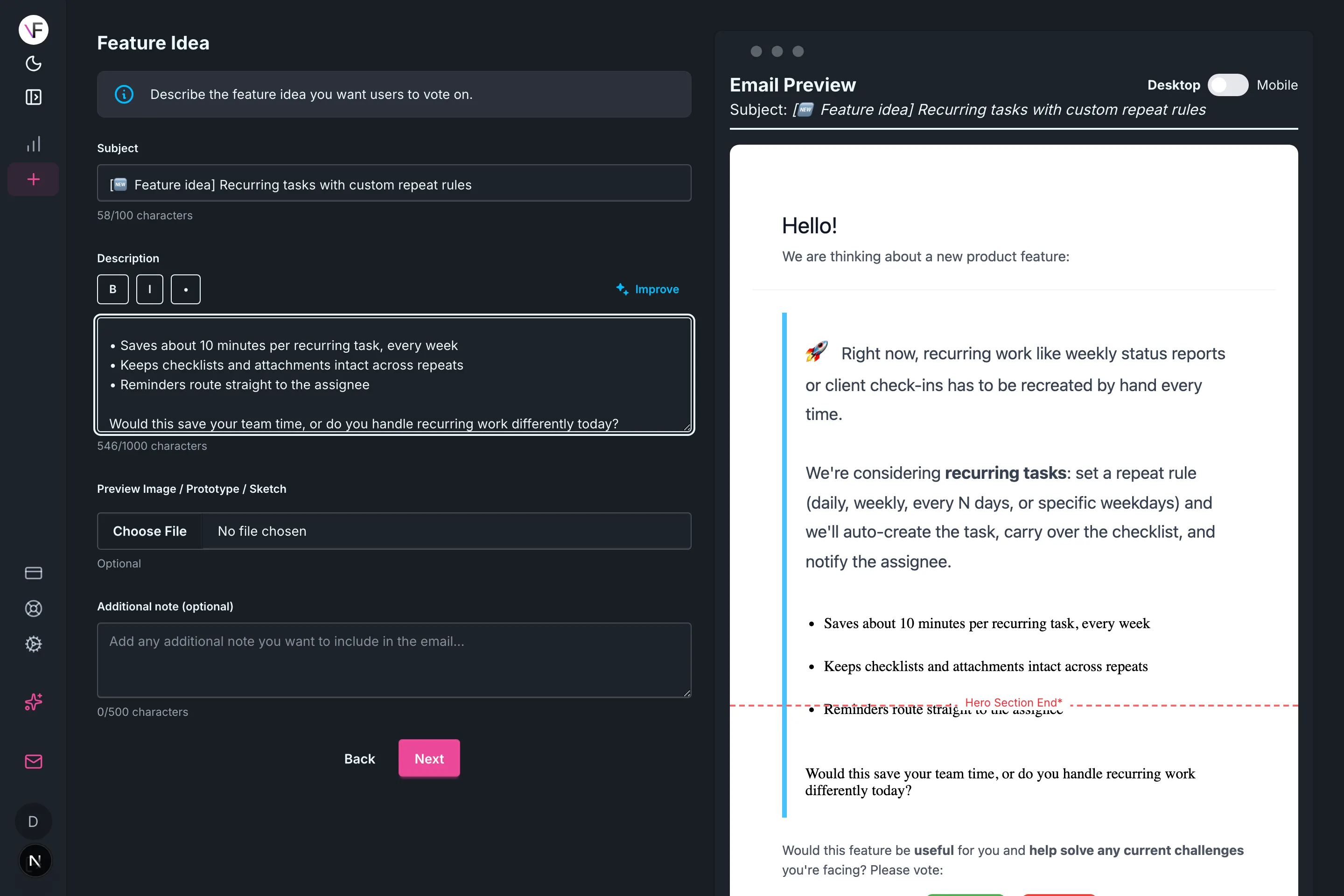 Feature description form next to a live email preview for a "Recurring tasks with custom repeat rules" feature idea