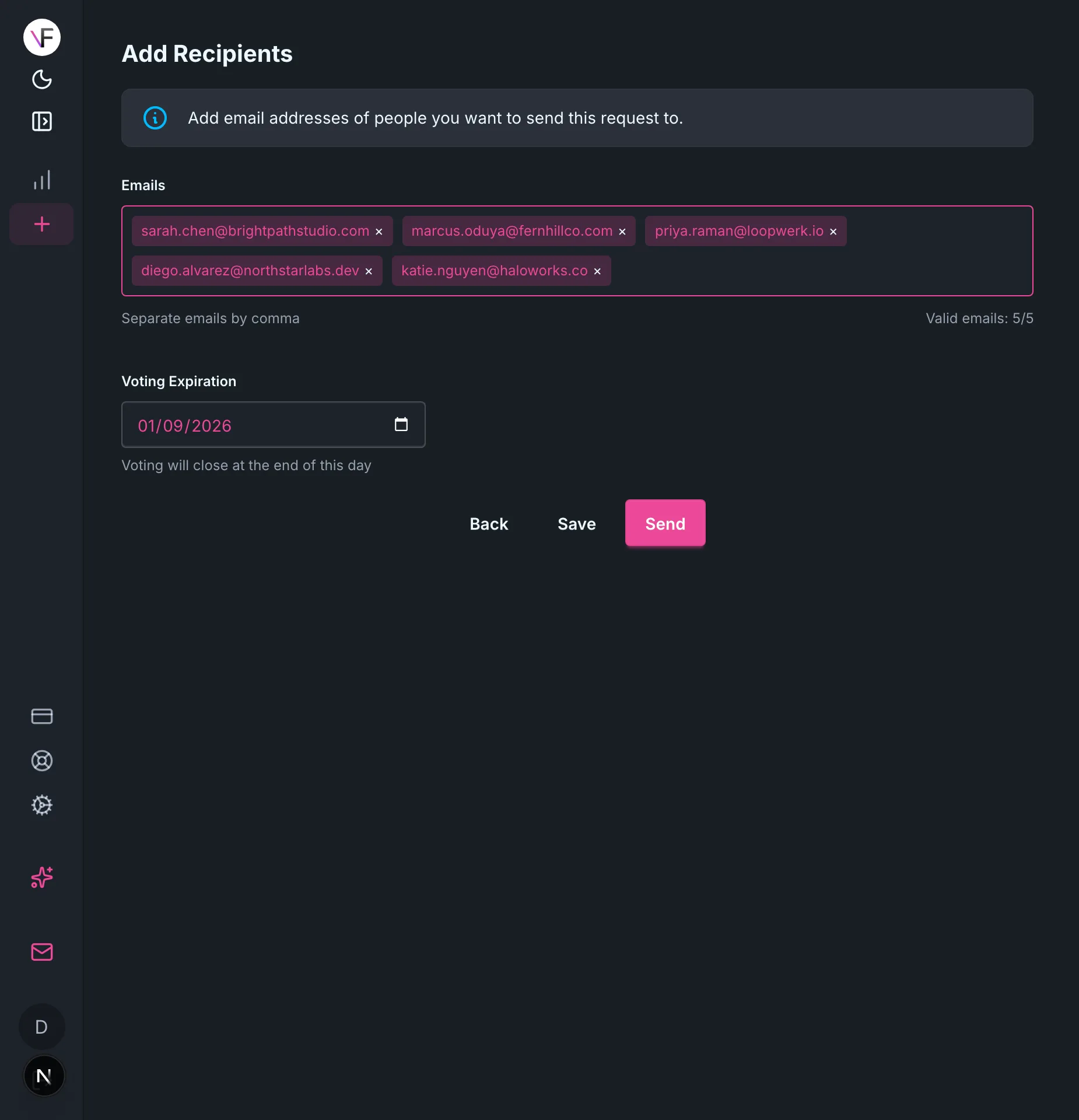 Add Recipients screen with five customer emails entered and a voting expiration date set