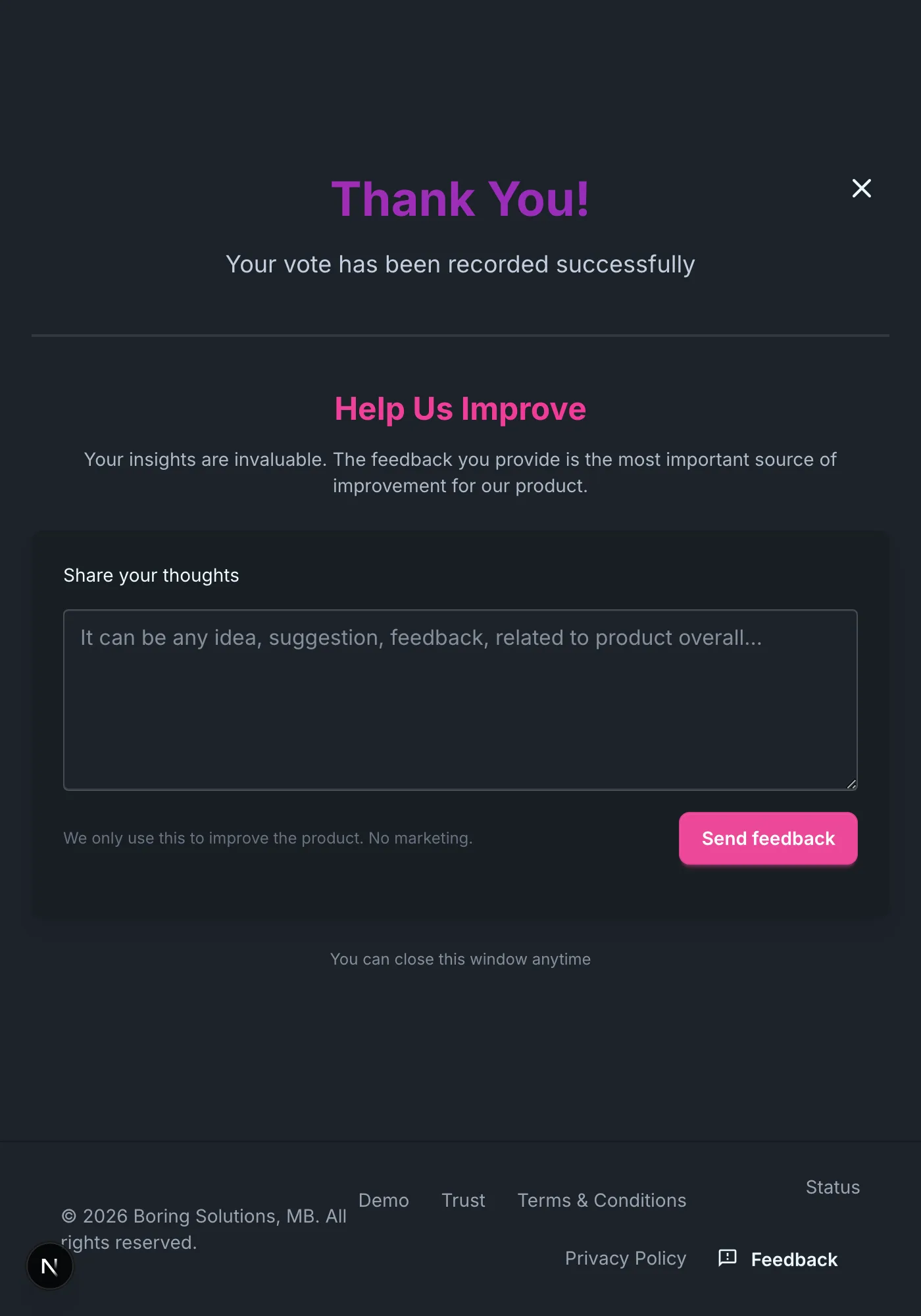 Thank you page shown after a customer clicks Yes or No in the email, with an optional comment box below it
