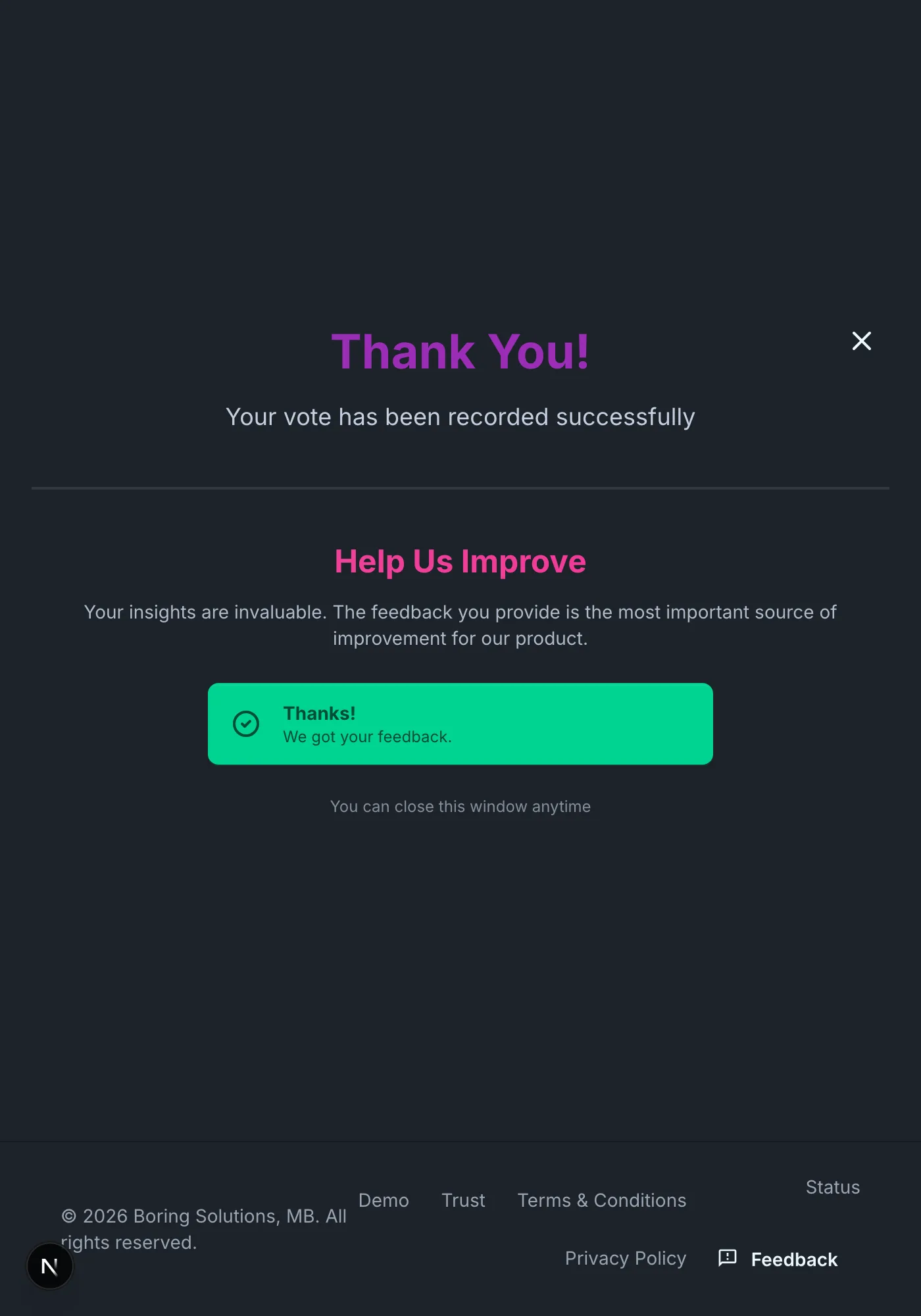 Thank you page showing a green "Thanks! We got your feedback." confirmation after submitting a comment