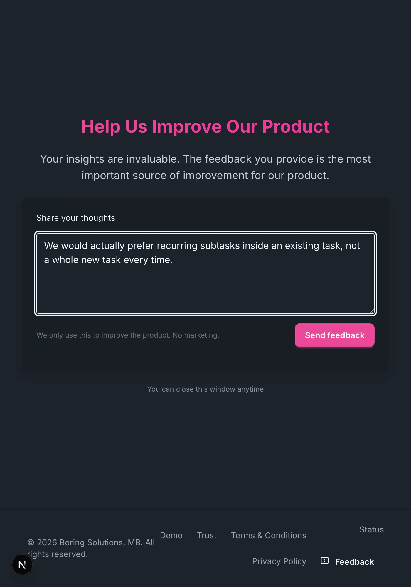 Help Us Improve Our Product page with a customer typing a suggestion, reached from the "I have a better suggestion" link